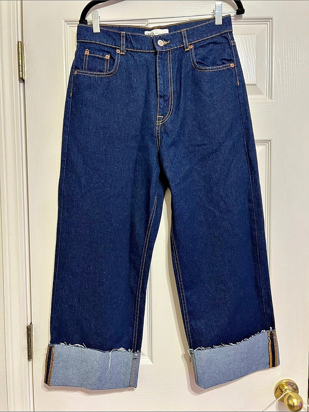 Zara Wide-Leg Mid-Waist Jeans with Turn-Up Hem Cropped Jeans Blue Waist 30